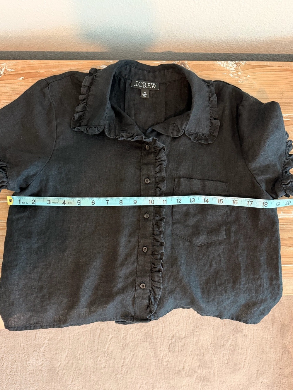 J. Crew Black 100% Linen Ruffle Trim Short Sleeve Button Up Shirt (Size XS) - Picture 10 of 11